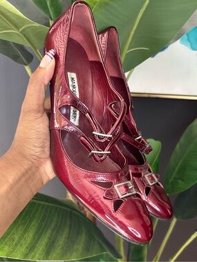 Manolo Blahnik Wine Red Patent Leather Mary Jane Heels